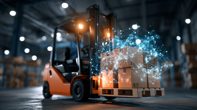 A bright distribution warehouse with a forklift cardboard boxes and a clean glowing plexus network remote control concept distribution warehouse forklift cardboard boxes