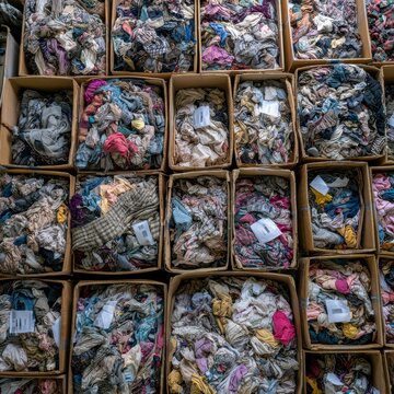 Boxes filled with assorted t-shirts and fabric scraps in a storage area during daylight hours