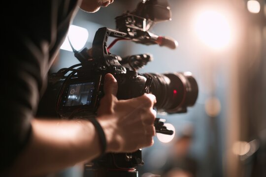 Videographer holding professional cinema camera on filming set. Man recording movie scene with digital equipment. Television production, creative media industry and filmmaking concept.