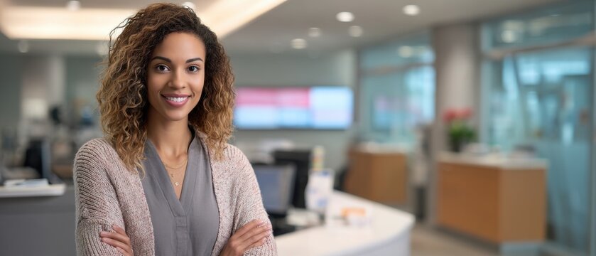African american woman professional smiling while standing in modern office. Confident business employee in lobby with arms crossed. Corporate success and career development.