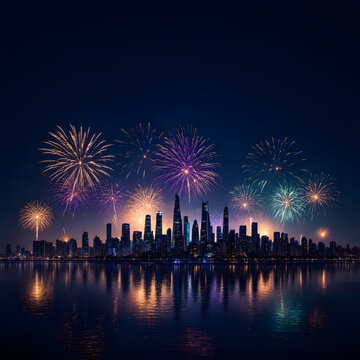 Vibrant city skyline, colorful fireworks display, nighttime celebration, urban landscape