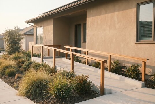 Wheelchair ramp at residential house entrance with wooden railing, barrier-free access, no people
