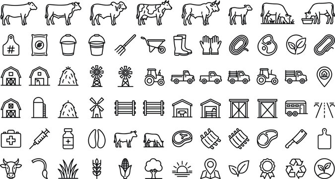 Cattle farming and dairy agriculture line icon vector set featuring cows, barns, tractors, feeding tools, windmills, and livestock meat production elements