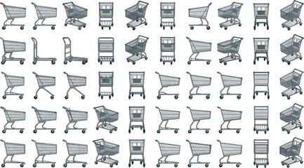 Supermarket wire shopping cart vector asset bundle featuring grocery trolleys from various viewing angles and stock room flatbed carts isolated on white background © MstYasmin