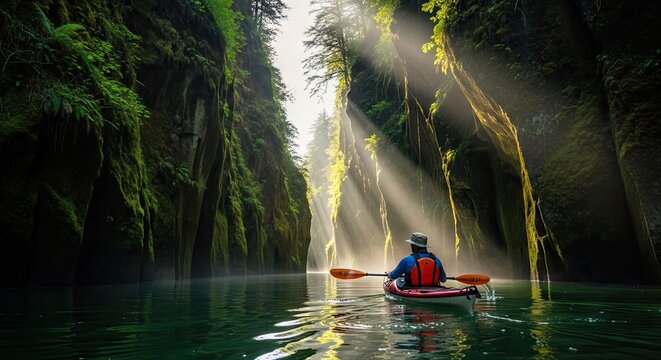 Kayak in misty river gorge under dramatic light rays