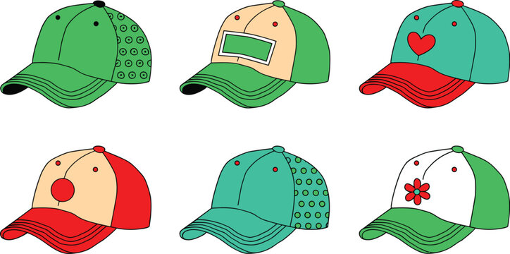 Baseball cap vector set collection with different colorful fashion headwear designs isolated on white background illustration