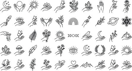 Spiritual magic hands line icon vector set featuring celestial sun, moon phases, crystals, butterflies, lotus flowers, mountains, and esoteric ritual design elements © MstYasmin