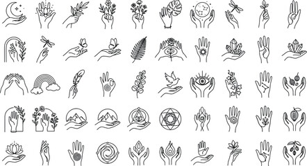 Mystical celestial hands line icon vector set featuring esoteric symbols, crystals, moon, stars, butterflies, lotus flowers, and spiritual magic elements © MstYasmin