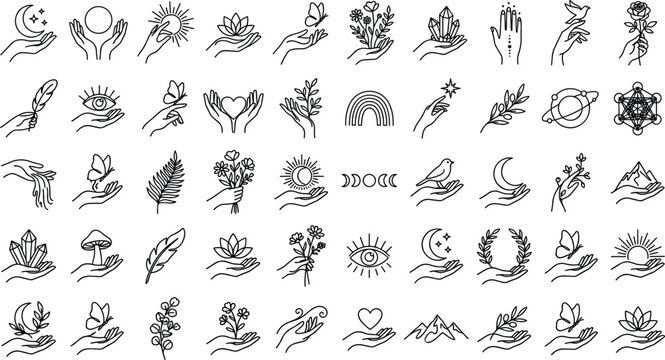 Spiritual magic hands line icon vector set featuring celestial sun, moon phases, crystals, butterflies, lotus flowers, mountains, and esoteric ritual design elements