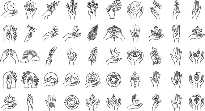 Mystical celestial hands line icon vector set featuring esoteric symbols, crystals, moon, stars, butterflies, lotus flowers, and spiritual magic elements