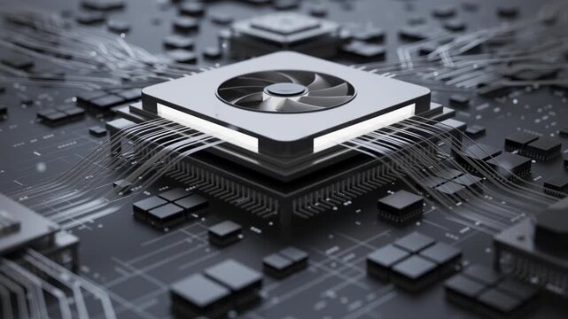Advanced microchip with fan cooling and glowing network traces, perfect for videos about GPU acceleration, big data, automation, robotics, and digital systems.