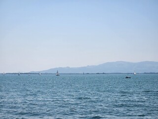 Naklejka premium Three-Country Border View of Bodensee Obersee from Lindau, Germany, looking towards Austria and Switzerland