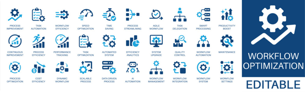 Workflow optimization and efficiency solid icon set. Featuring workflow automation, agile workflow, cost efficiency, time saving, and ai automation. Editable vector glyphs for work and productivity.