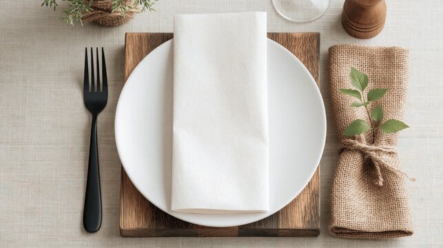 Minimalist rustic elegant dining table setting with empty round white plate folded napkin black fork and burlap napkin with green leaf