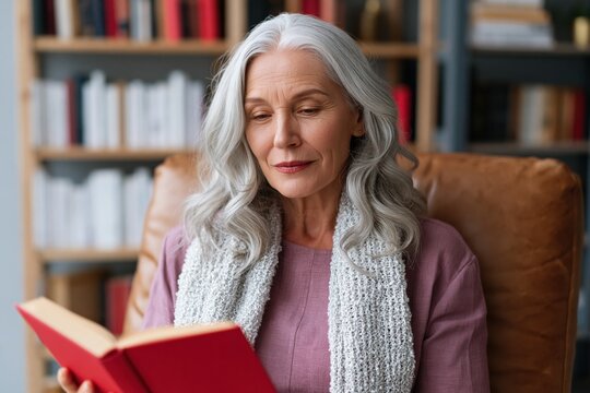 Cozy senior woman reading a red book in a home library closeup for background and banner design showing relaxed mature reader lifestyle and education scene
