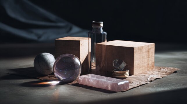 Moody still life with wooden cubes and glass objects