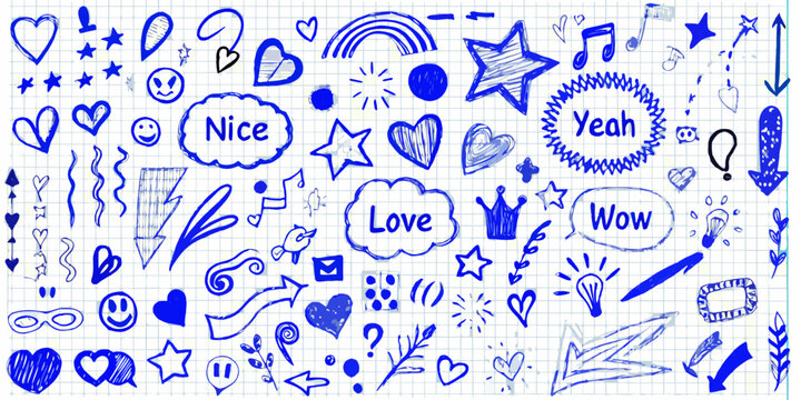 Blue doodle collection featuring hearts stars and handwritten words