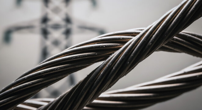 Close-up of twisted high-voltage power cables with a blurred electricity pylon in the background