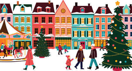 Christmas town winter holiday street landscape vector banner with snowy houses carousel tree and happy walking people © MSTJAKIA