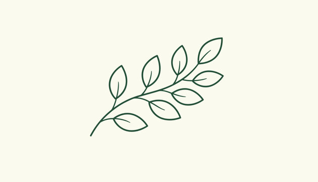 Elegant minimalist line art drawing of a single green plant branch with leaves on a soft off-white background.