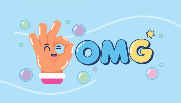 Playful OK hand cartoon character saying OMG on a bright light blue background with bubbles and a star.
