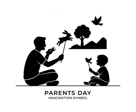 Father and child playing with hand shadow puppets on a wall for parents day celebration isolated on transparent background, Vector