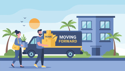 Naklejka premium Happy couple moving to a new apartment while carrying boxes next to a delivery truck saying moving forward.