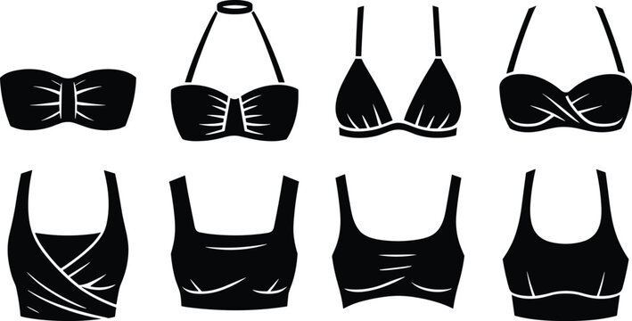 Women bra and crop top silhouette set with lingerie sportswear and fashion apparel icons