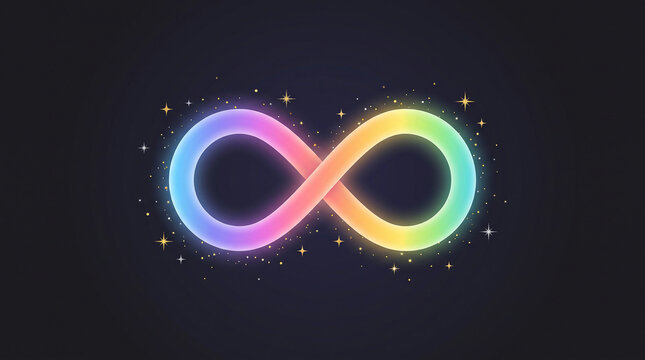 Soft glowing rainbow infinity symbol with sparkling stars on dark background representing autism awareness and pride.