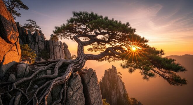 Sun rays through pine tree on mountain peak.