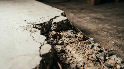 Fototapeta premium Damaged concrete with exposed rebar and debris, showcasing structural wear and decay.