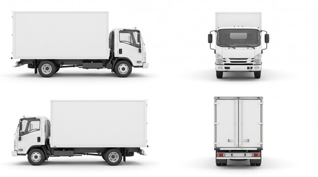 White Cargo Box Truck Mockup Set from Front Side and Rear Views Isolated on White Background