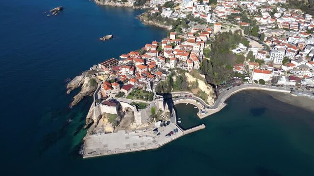 Drone View of the Old Town of Ulcinj in Montenegro with Historic Coastal Architecture