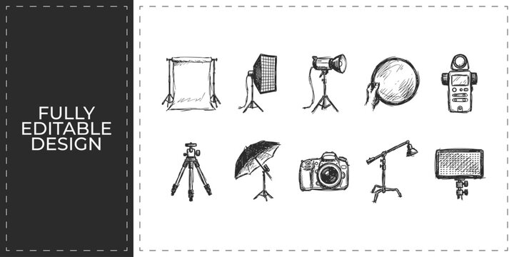 Professional cinematography and film production hand drawn icons set featuring camera spotlight and tripod for multimedia studio and content creator branding design