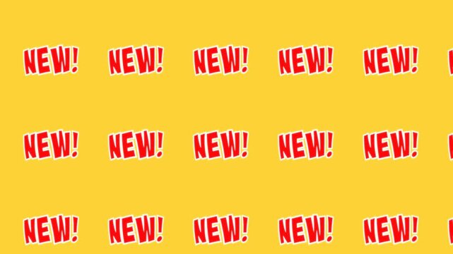 Animated comic-style NEW text with exclamation mark on vibrant yellow . Bold red lettering creates energetic repeating pattern. For promotions, announcements, and attention-grabbing content.
