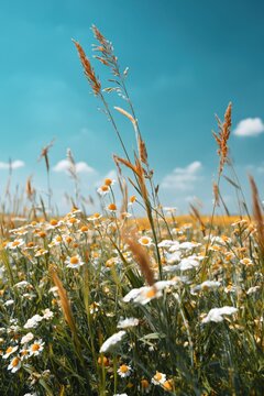 Daisy field swaying under blue sky in summer meadow