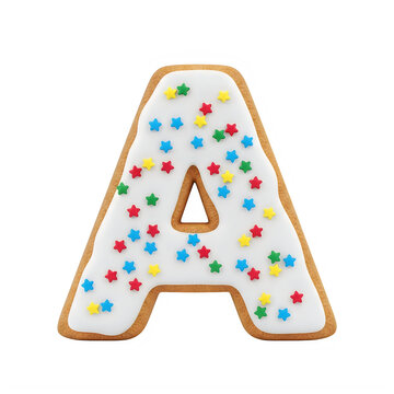 Letter a shaped cookie with white icing and colorful sprinkles isolated on transparent background