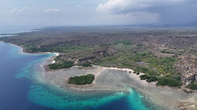 Aerial drone shot with a tilt reveal of  Sea Baluran National  Park and Mount Baluran in East Java Indonesia
