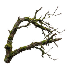 Fototapeta premium Moss covered dead tree branch isolated on white background for design and decoration transparent background