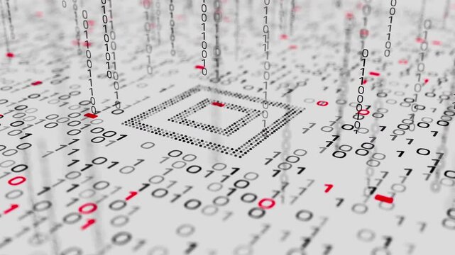 Looping 3D animation featuring a black and white processor with flowing binary numbers and red data particles. Perfect for software, networks, computing, and cyber themes.