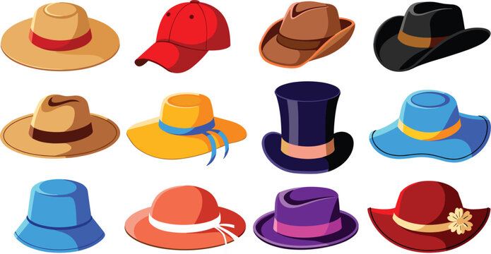 Fashion headwear vector illustration set with cartoon summer beach sun hats cowboy fedora top hat and baseball cap