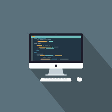 Modern computer setup displaying programming code on screen with keyboard and mouse.