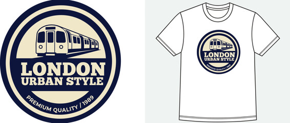 Obraz premium A trendy graphic t-shirt showcasing a stylized London train illustration, encapsulating the vibrant urban culture and iconic transportation network of the city in a modern design.