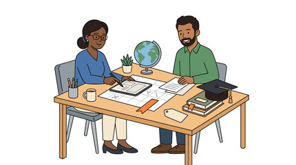 Fototapeta premium Two people at a desk planning with a globe and graduation cap