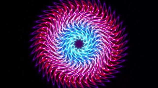 Abstract neon glowing mandala pattern with swirling light trails in blue and pink colors