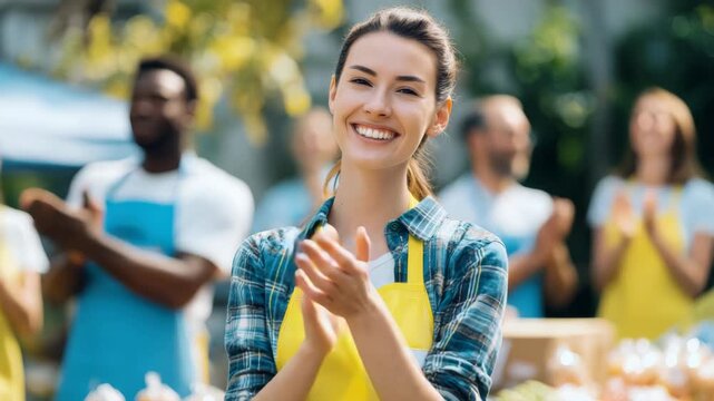 Smiling chef in an apron receiving applause from the audience during a cooking demonstration.