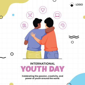 International Youth Day Greeting Card Template with Youth Friendship and Line Art Icon Design on Grid Background.