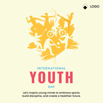 International Youth Day Greeting Card Template with Sportsperson Silhouettes on Yellow Brush Stroke Effect Background.