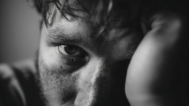 The man looks contemplative and tired. He is seated in a dimly lit room, with his head resting on his hand. The captures the essence of exhaustion and deep thought.