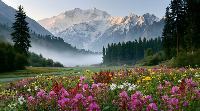 Alpenglow Awakenings: Blooming Wildflowers and Morning Mist beneath Nanga Parbat at Fairy Meadows